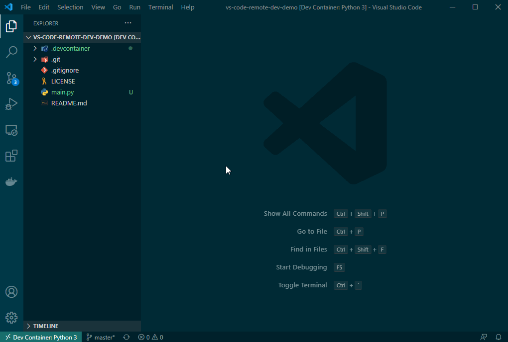 screen capture of VS Code, opening the current workspace in a container using the updated Dockerfile.